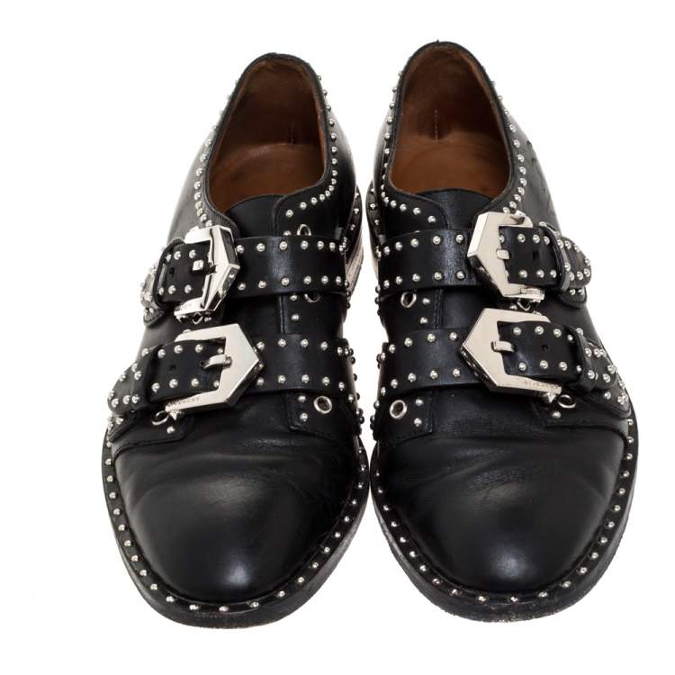 Pre Owned Givenchy Black Leather Studded Double Monk Flats Size 36