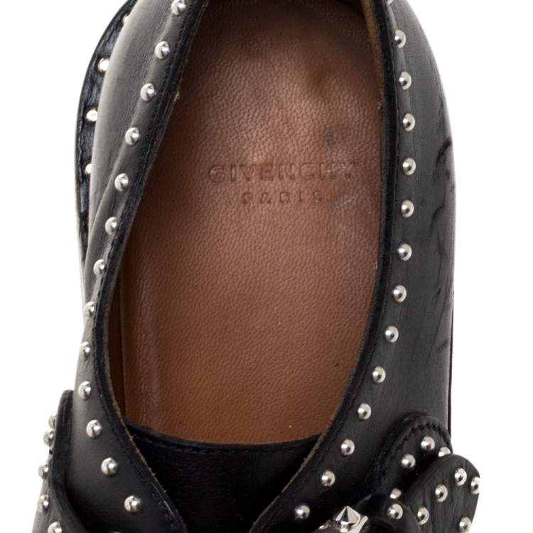 Pre Owned Givenchy Black Leather Studded Double Monk Flats Size 36