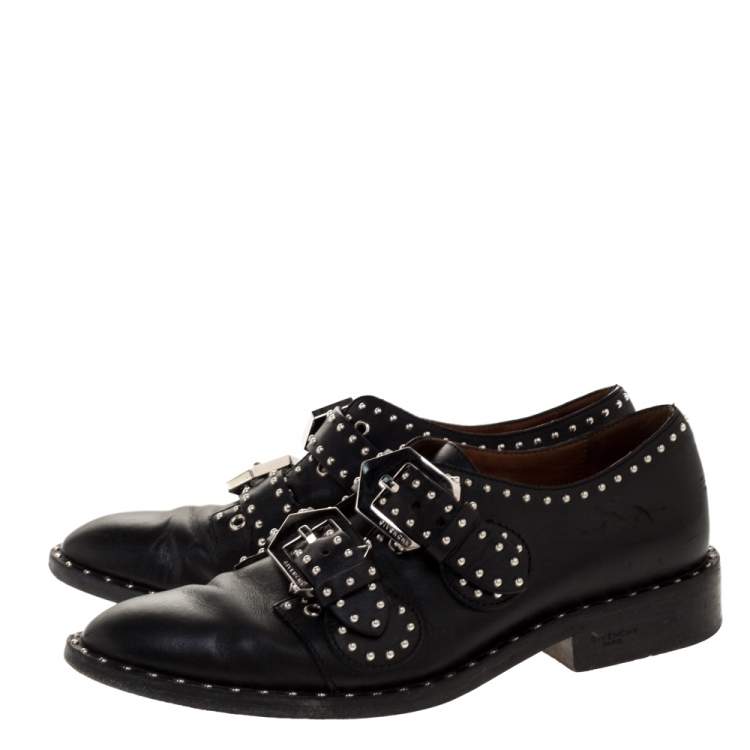 Pre Owned Givenchy Black Leather Studded Double Monk Flats Size 36