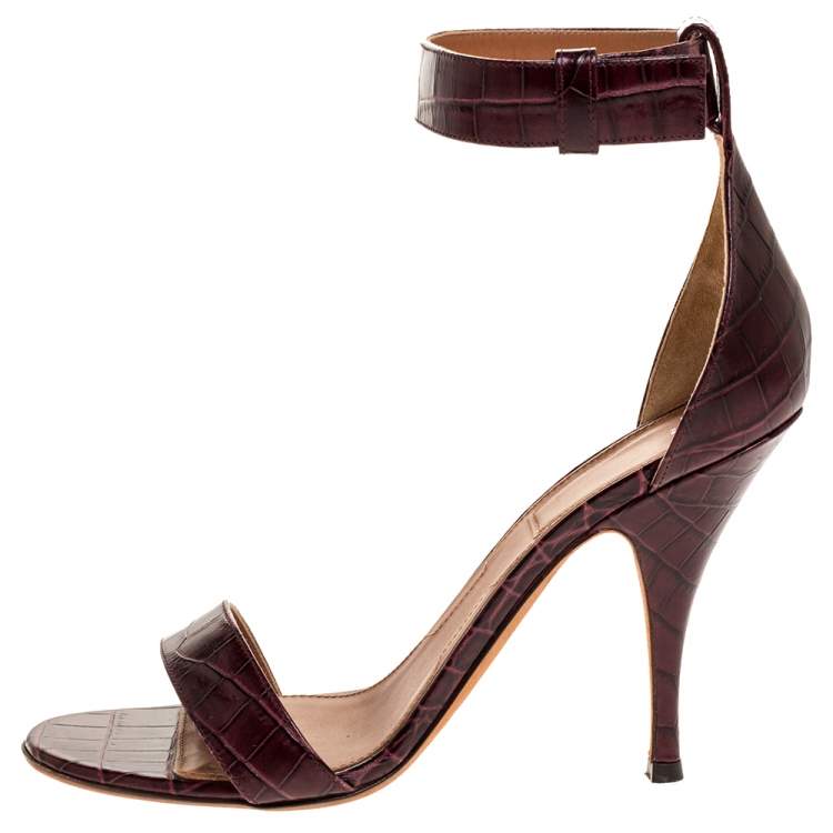 Pre Owned Givenchy Burgundy Croc Embossed Leather Kali Ankle Strap Sandals Size 39