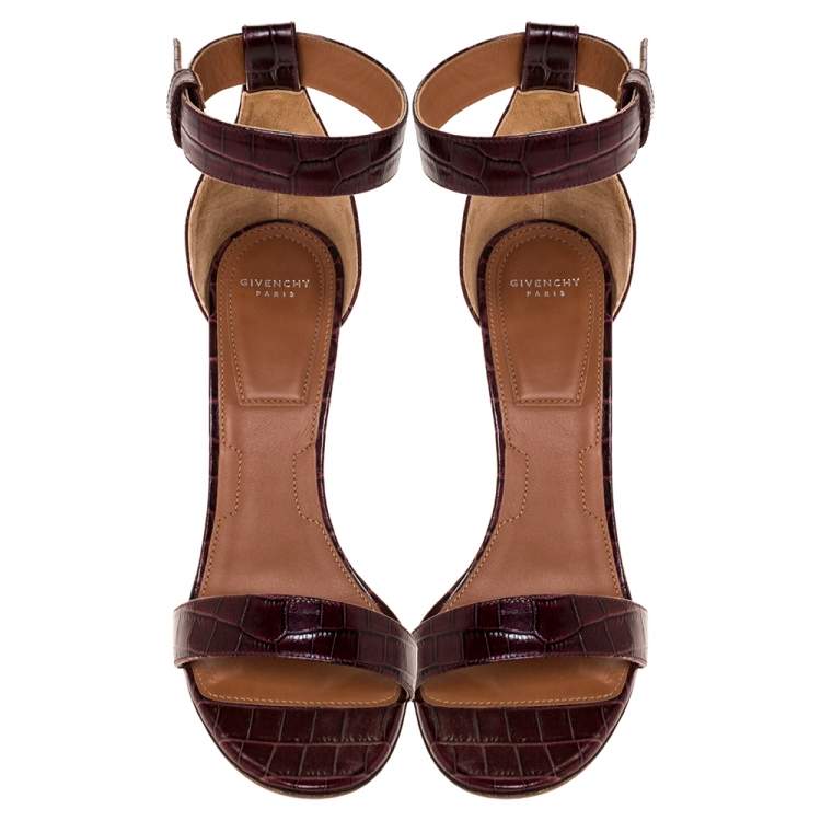 Pre Owned Givenchy Burgundy Croc Embossed Leather Kali Ankle Strap Sandals Size 39