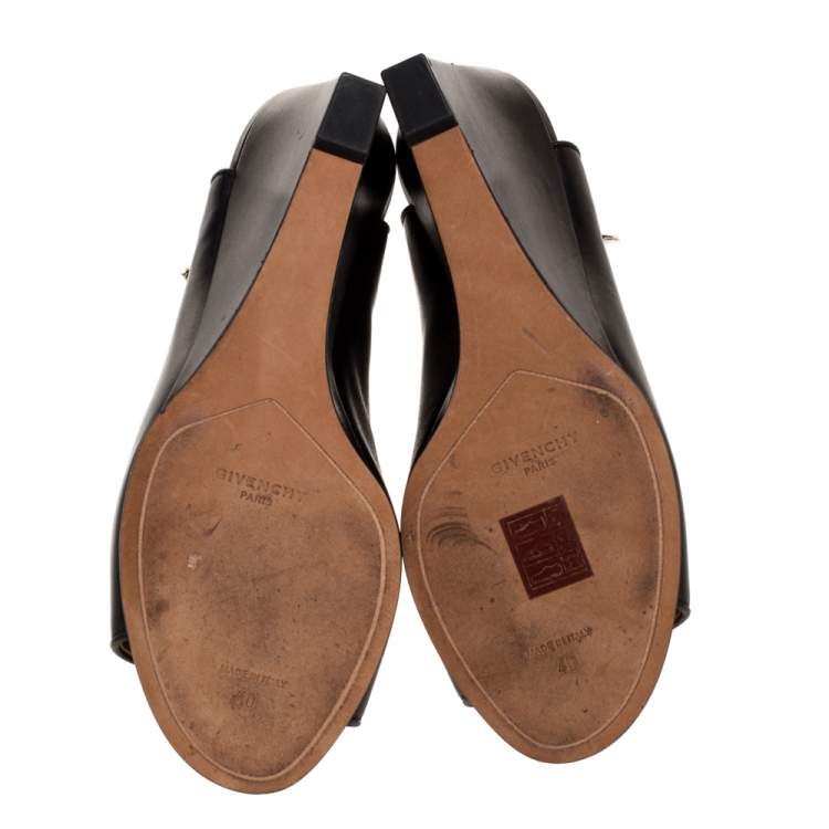 Pre Owned Givenchy Black Leather Shark Lock Wedge Sandals Size 40