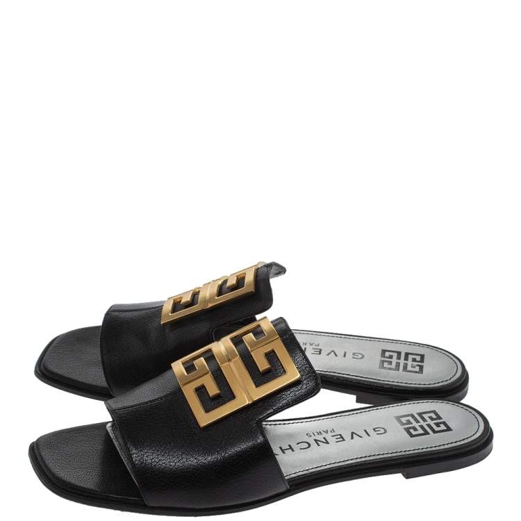 Pre Owned Givenchy Black Leather 4G Flat Slides Size 40