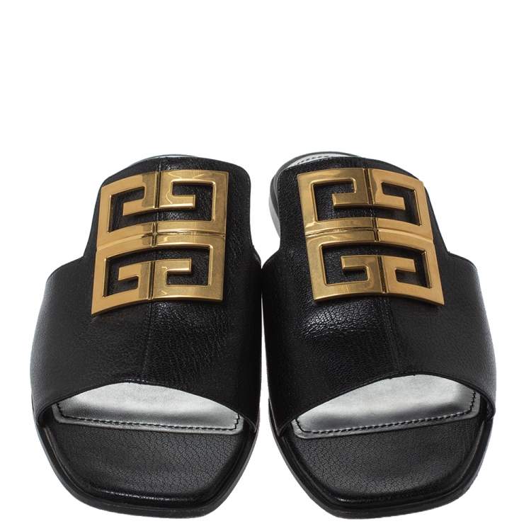 Pre Owned Givenchy Black Leather 4G Flat Slides Size 40