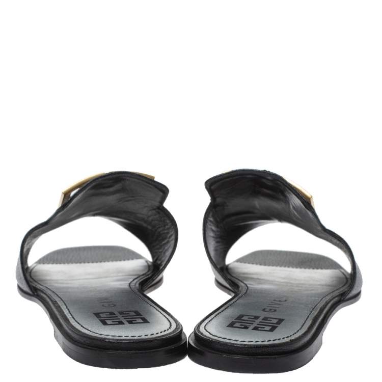 Pre Owned Givenchy Black Leather 4G Flat Slides Size 40