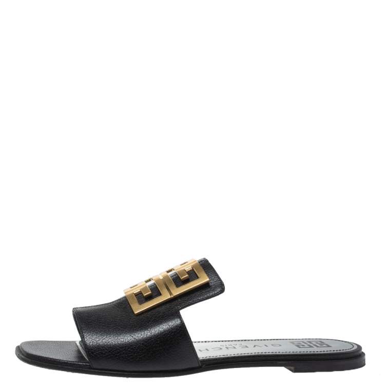 Pre Owned Givenchy Black Leather 4G Flat Slides Size 40