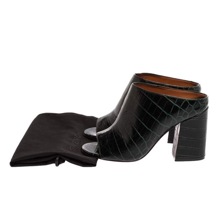 Pre Owned Givenchy Dark Green Croc Embossed Leather Peep Toe Mule Sandals Size 35