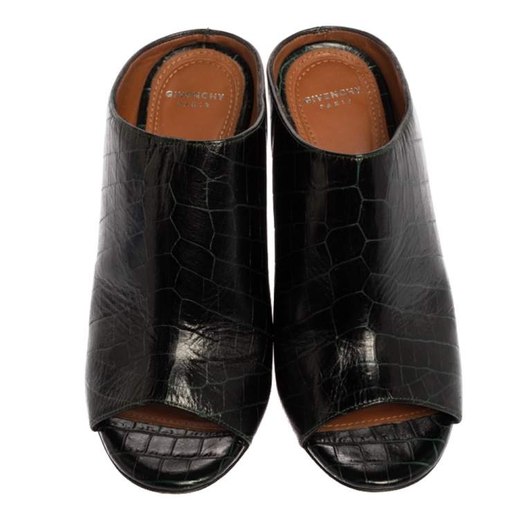 Pre Owned Givenchy Dark Green Croc Embossed Leather Peep Toe Mule Sandals Size 35