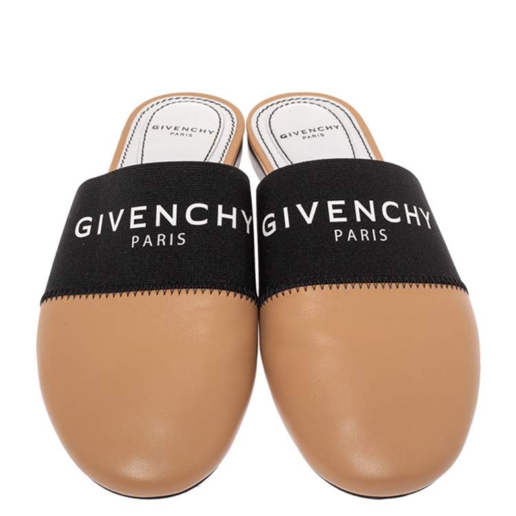 Pre Owned Givenchy Beige Leather And Elastic Bedford Logo Mules Flat Size 35