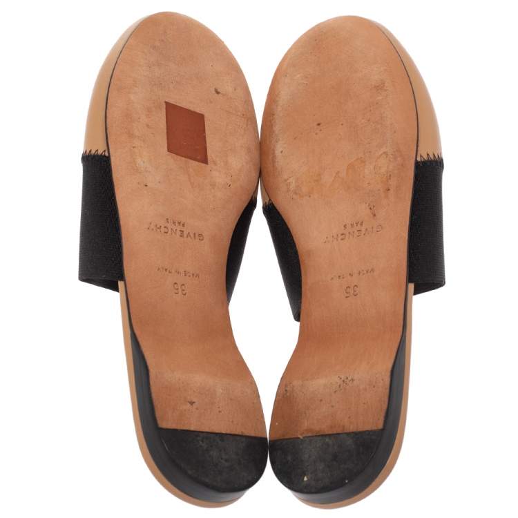 Pre Owned Givenchy Beige Leather And Elastic Bedford Logo Mules Flat Size 35