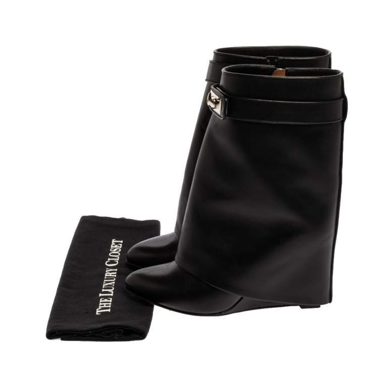 Pre Owned Givenchy Black Leather Shark Lock Wedge Ankle Boots Size 39