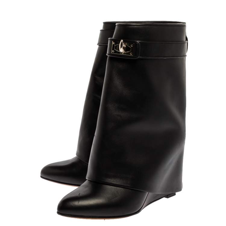 Pre Owned Givenchy Black Leather Shark Lock Wedge Ankle Boots Size 39