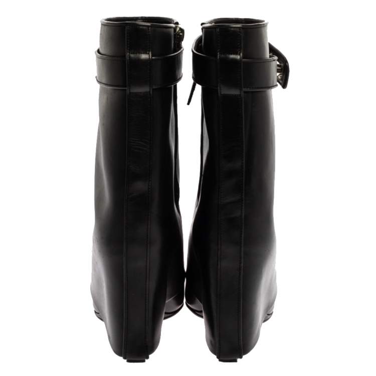 Pre Owned Givenchy Black Leather Shark Lock Wedge Ankle Boots Size 39
