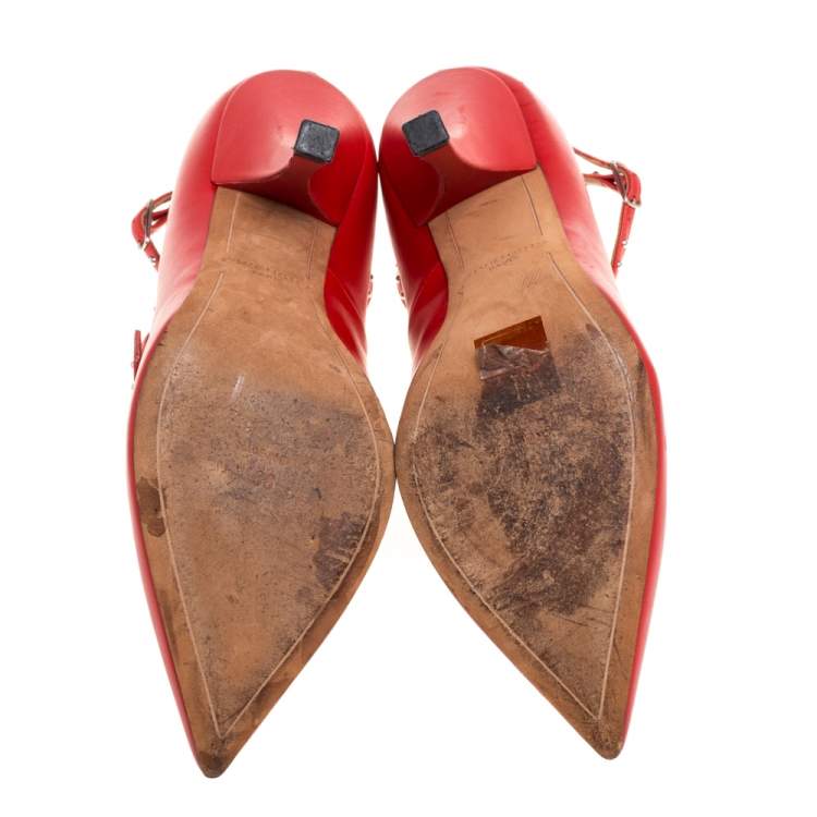 Pre Owned Givenchy Red Leather Studded Buckle Ankle Wrap Pumps Size 38