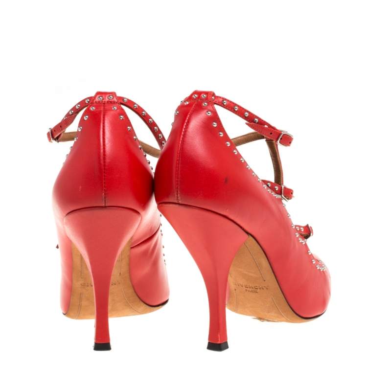 Pre Owned Givenchy Red Leather Studded Buckle Ankle Wrap Pumps Size 38