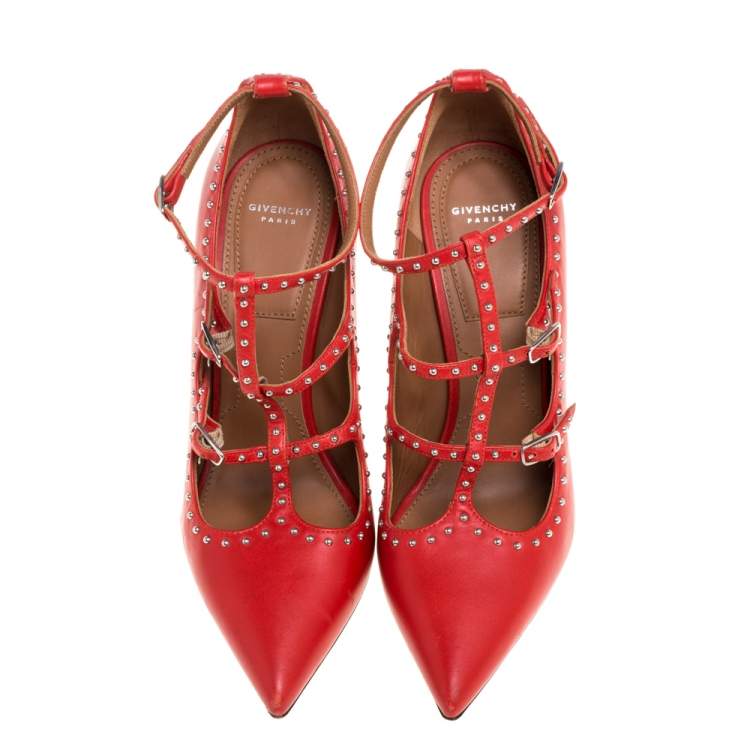 Pre Owned Givenchy Red Leather Studded Buckle Ankle Wrap Pumps Size 38