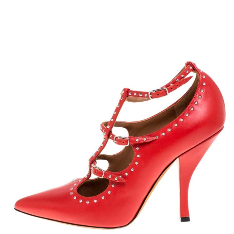 Pre Owned Givenchy Red Leather Studded Buckle Ankle Wrap Pumps Size 38