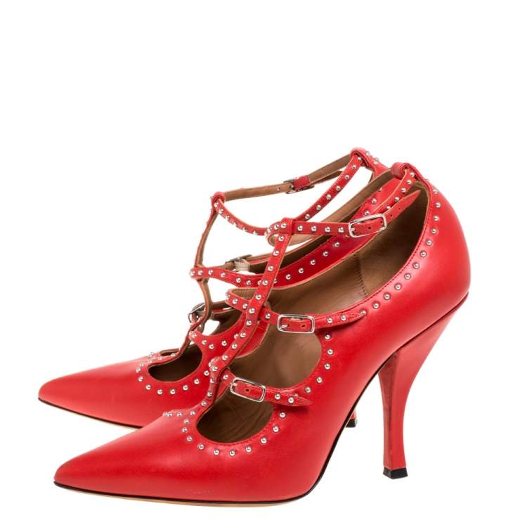 Pre Owned Givenchy Red Leather Studded Buckle Ankle Wrap Pumps Size 38