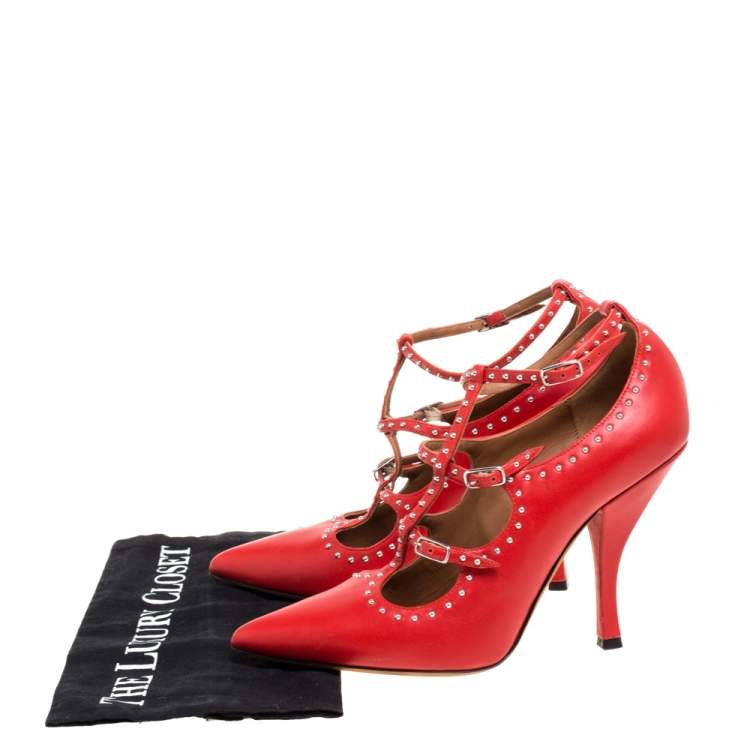 Pre Owned Givenchy Red Leather Studded Buckle Ankle Wrap Pumps Size 38
