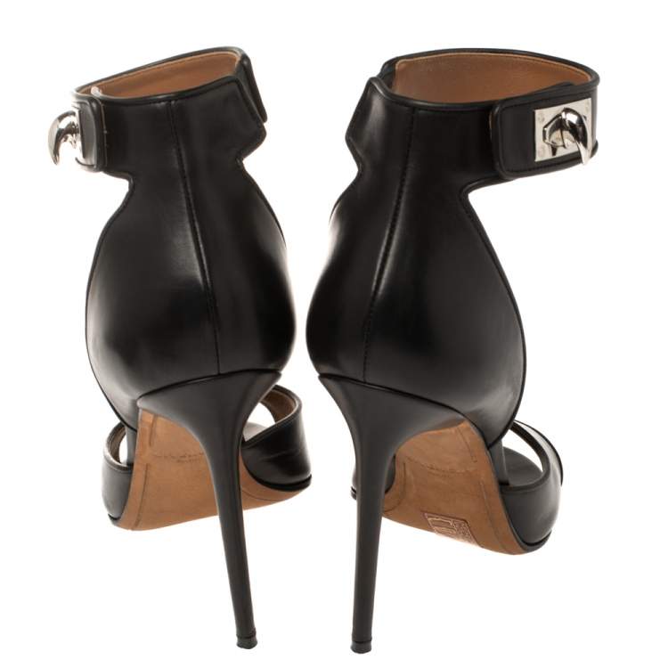 Pre Owned Givenchy Black Leather Shark Tooth Ankle Strap Sandals Size 40
