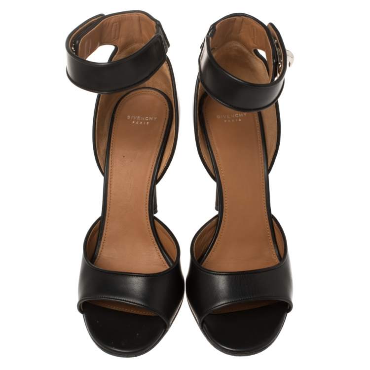 Pre Owned Givenchy Black Leather Shark Tooth Ankle Strap Sandals Size 40