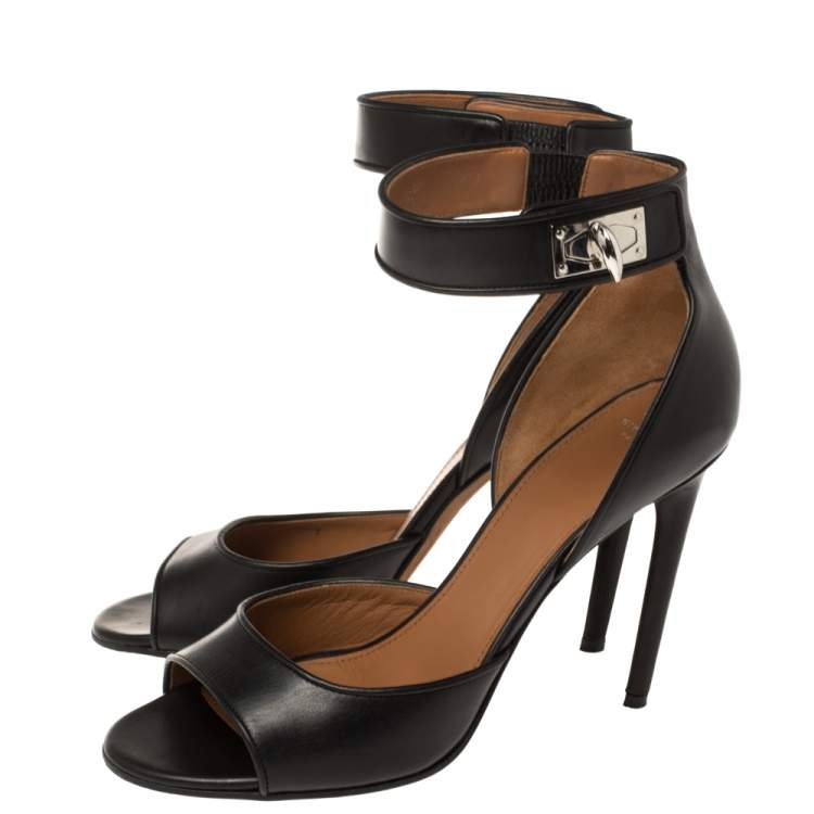 Pre Owned Givenchy Black Leather Shark Tooth Ankle Strap Sandals Size 40