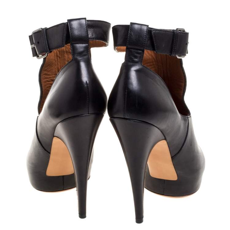 Pre Owned Givenchy Black Leather Peep Toe Platform Ankle Booties Size 39