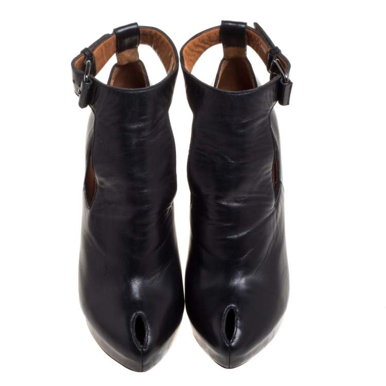 Pre Owned Givenchy Black Leather Peep Toe Platform Ankle Booties Size 39