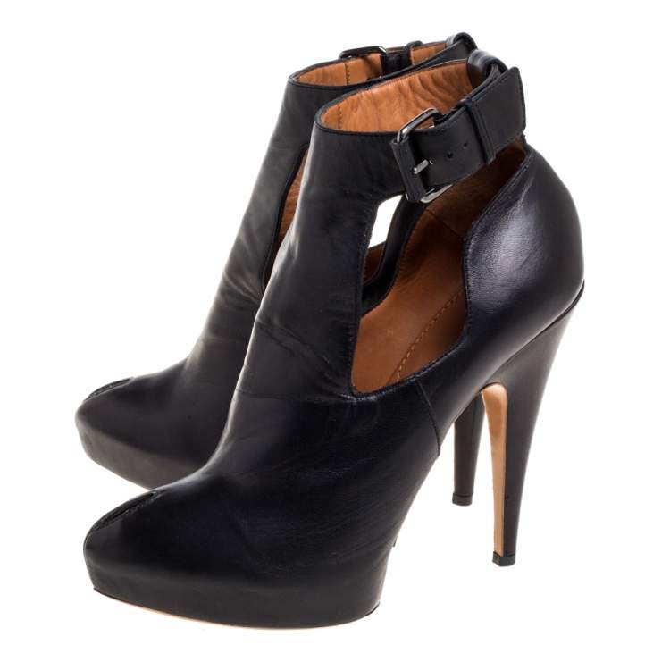 Pre Owned Givenchy Black Leather Peep Toe Platform Ankle Booties Size 39