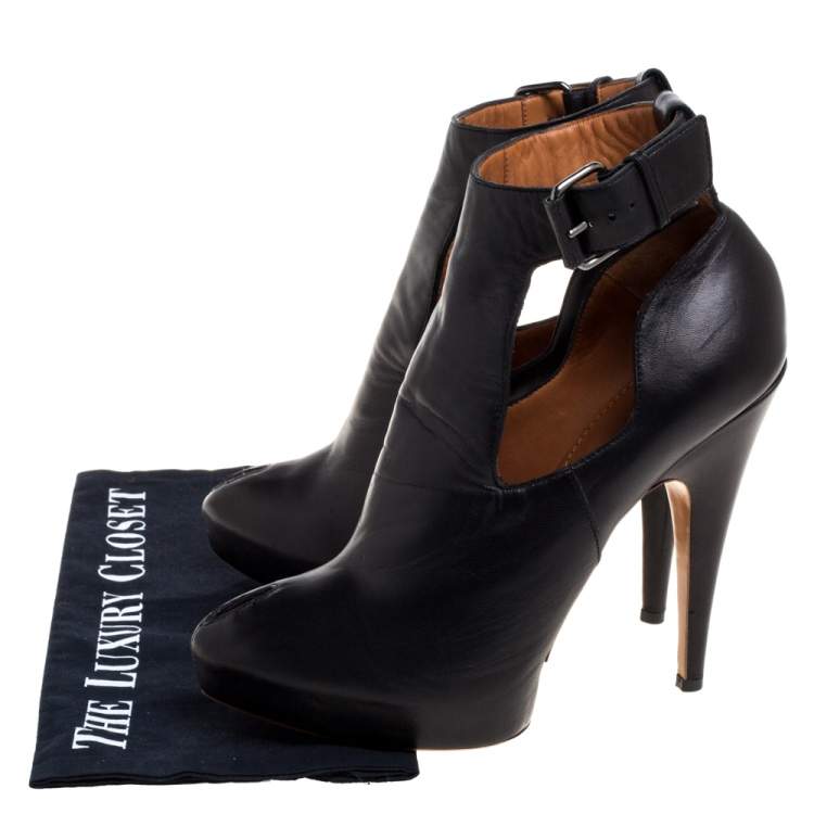 Pre Owned Givenchy Black Leather Peep Toe Platform Ankle Booties Size 39