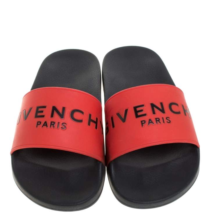 مملوكة مسبقًا Givenchy Red Rubber Logo Flat Slide Sandals Size 38