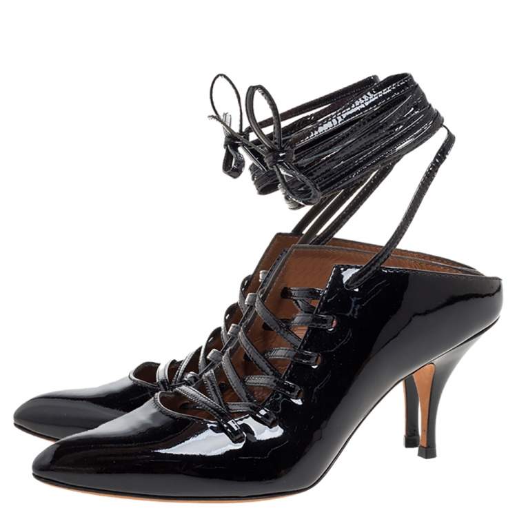 Pre Owned Givenchy Black Patent Leather Lace Wrap Mule Pumps Size 38