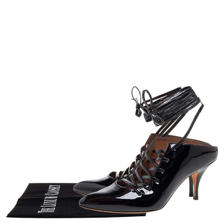 Pre Owned Givenchy Black Patent Leather Lace Wrap Mule Pumps Size 38