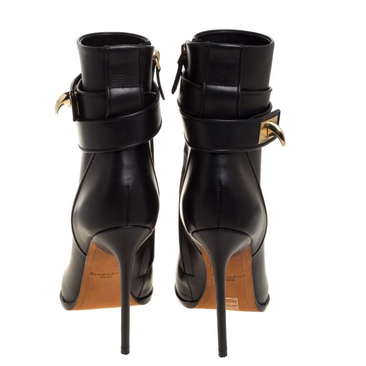 Pre Owned Givenchy Black Leather Shark Lock High Heel Ankle Boots Size 36