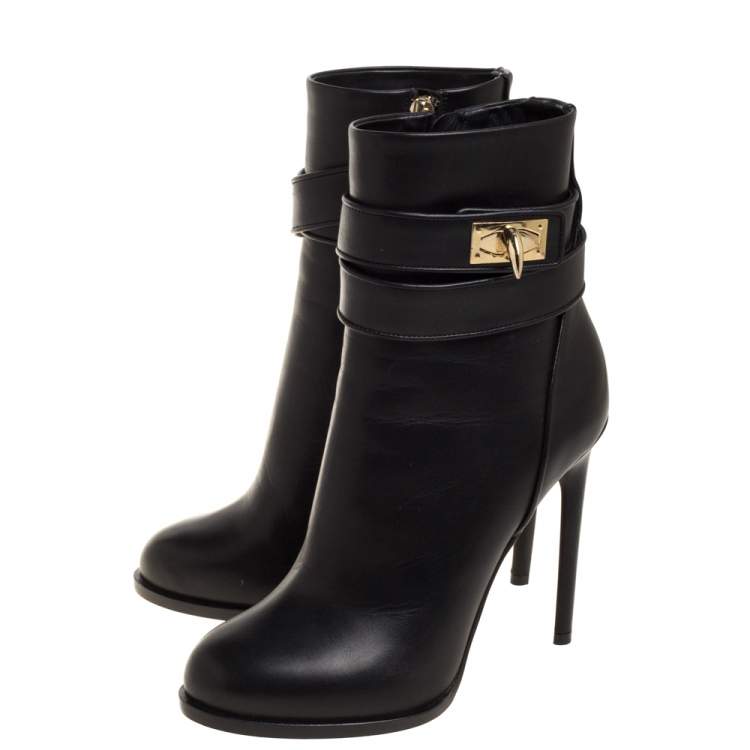 Pre Owned Givenchy Black Leather Shark Lock High Heel Ankle Boots Size 36