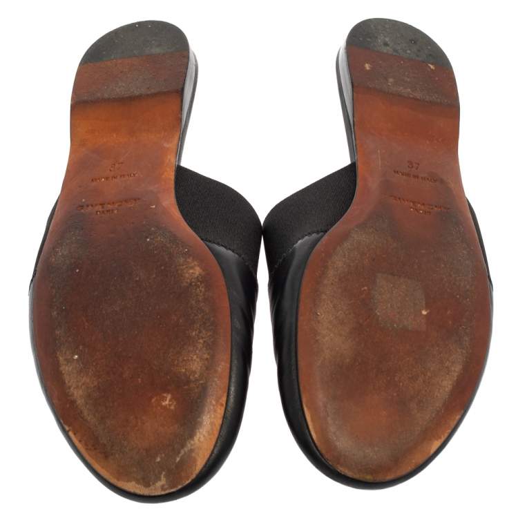 Pre Owned Givenchy Black Leather And Elastic Logo Flat Mules Size 37