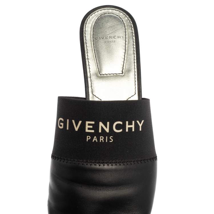 Pre Owned Givenchy Black Leather And Elastic Logo Flat Mules Size 37