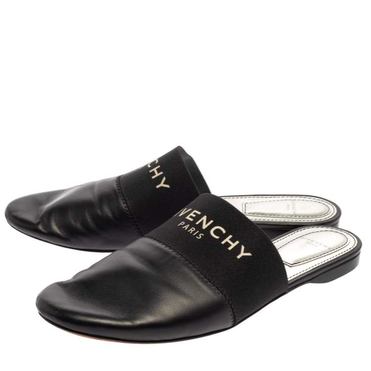 Pre Owned Givenchy Black Leather And Elastic Logo Flat Mules Size 37