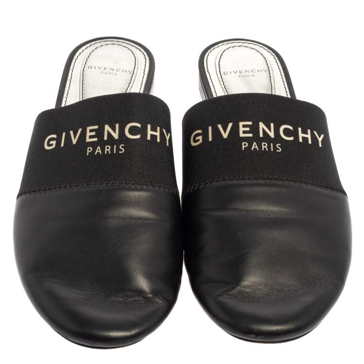 Pre Owned Givenchy Black Leather And Elastic Logo Flat Mules Size 37