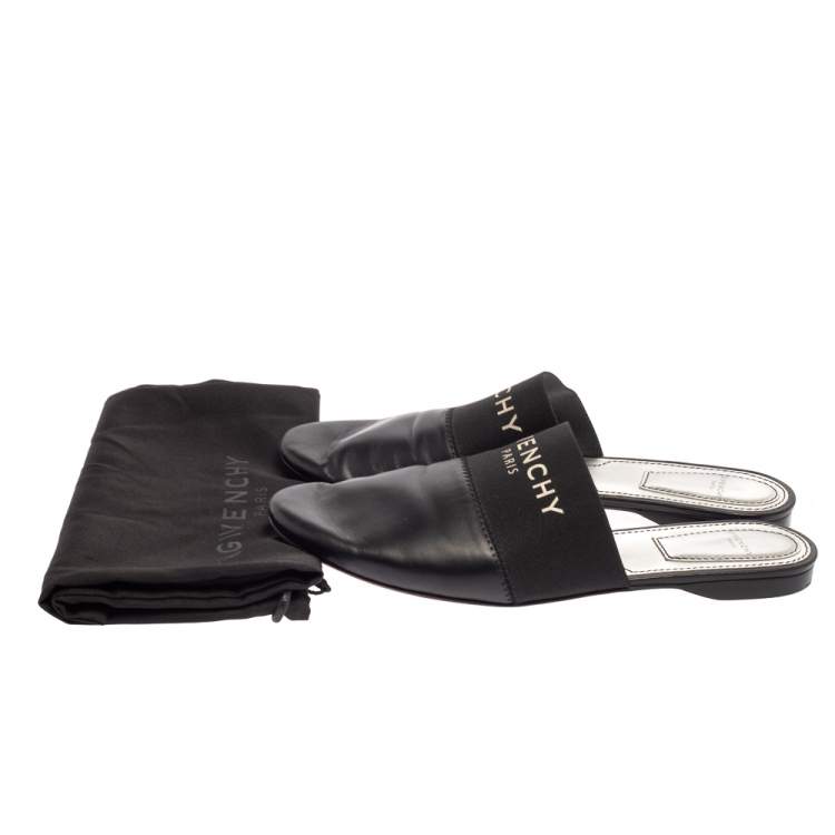 Pre Owned Givenchy Black Leather And Elastic Logo Flat Mules Size 37