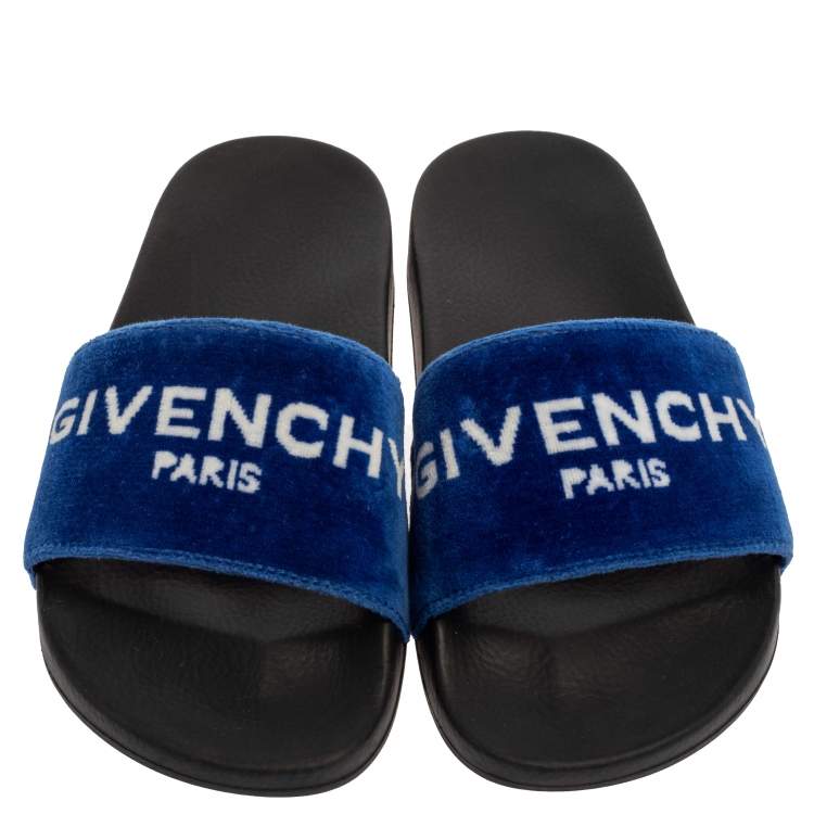 Pre Owned Givenchy Blue/ White Velvet Logo Slide Flats Size 36