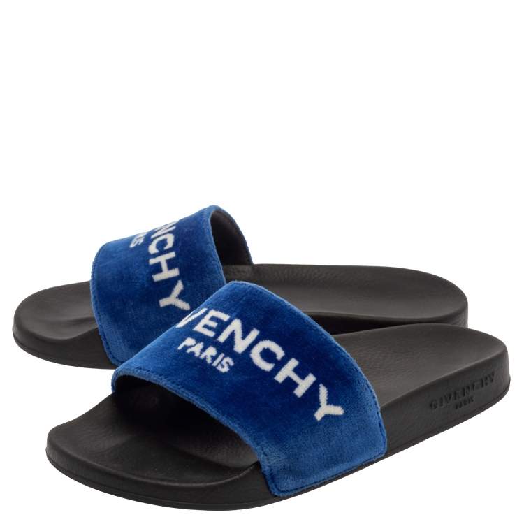 Pre Owned Givenchy Blue/ White Velvet Logo Slide Flats Size 36