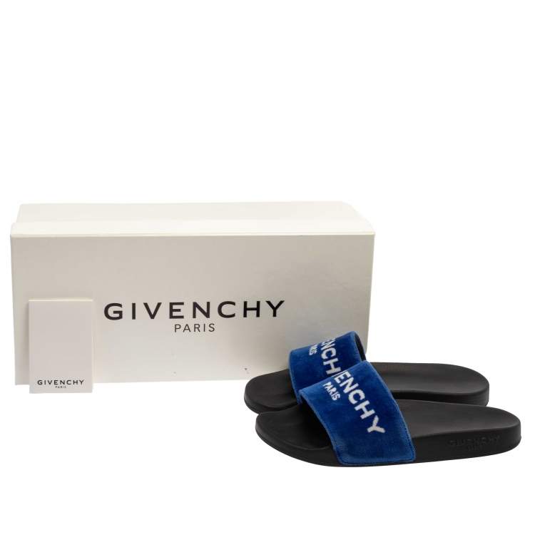 Pre Owned Givenchy Blue/ White Velvet Logo Slide Flats Size 36