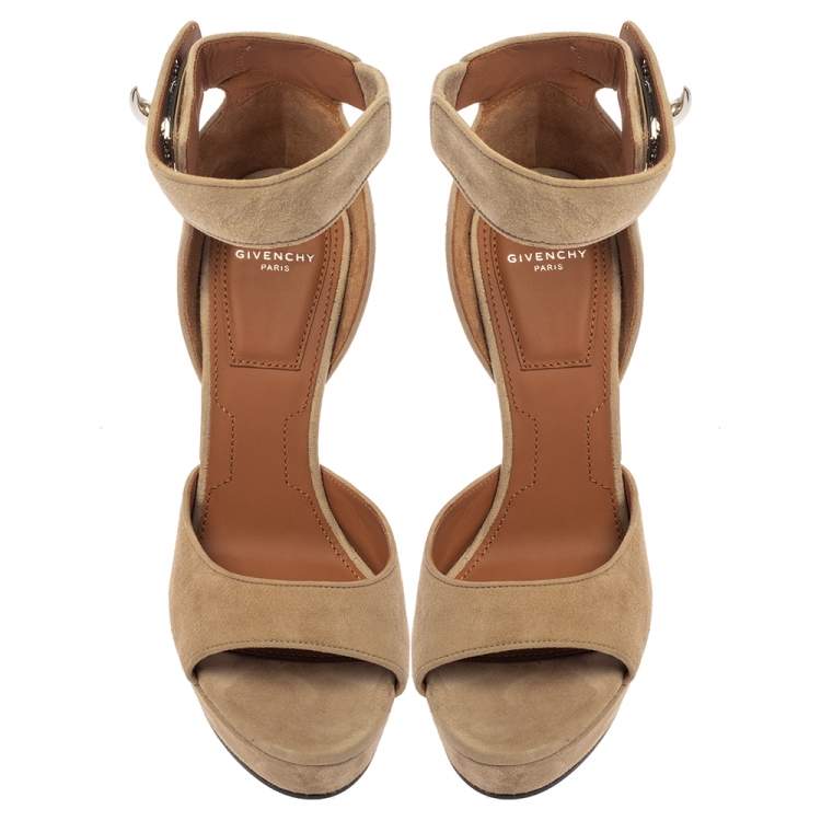 Pre Owned Givenchy Beige Suede Platform Ankle Wrap Sandals Size 35
