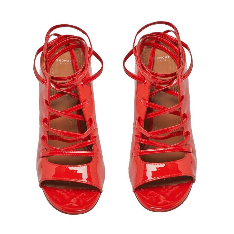 Pre Owned Givenchy Coral Red Patent Leather Lace Up Backless Mule Sandals Size 41