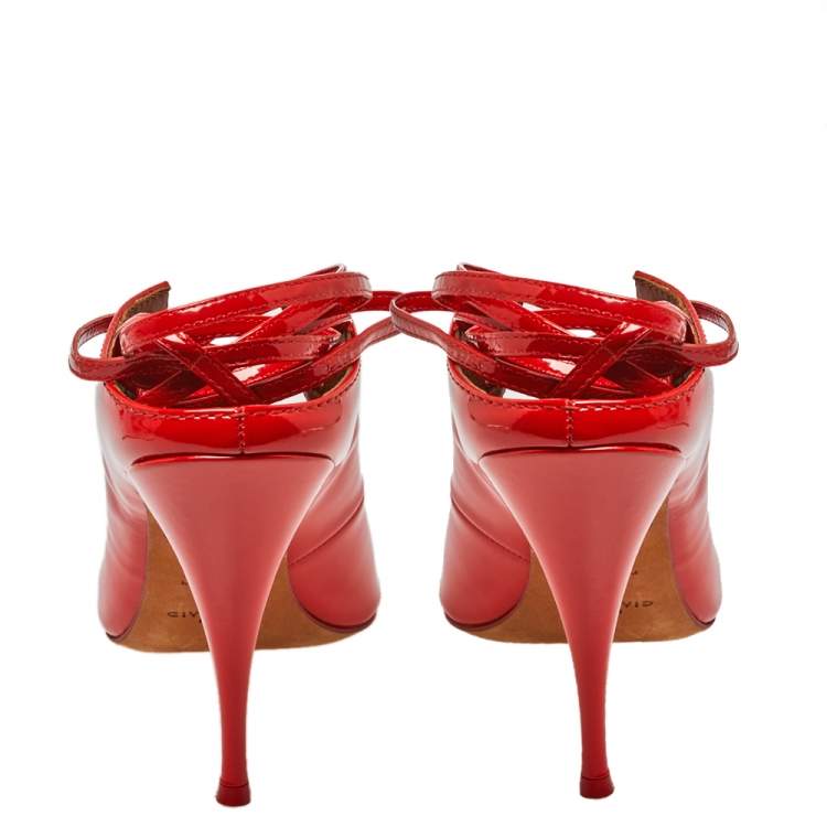 Pre Owned Givenchy Coral Red Patent Leather Lace Up Backless Mule Sandals Size 41