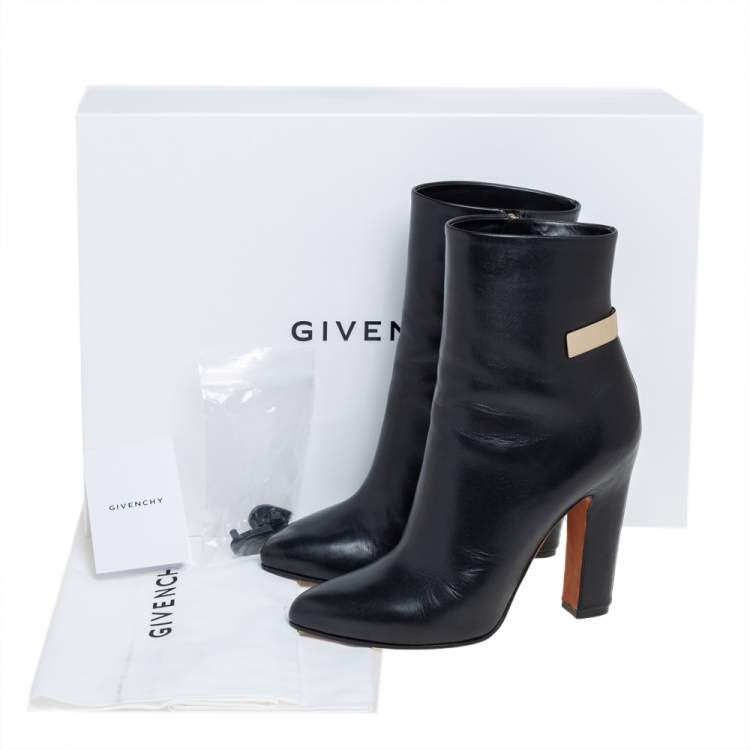 Pre Owned Givenchy Black Leather Gold Detailing Ankle Boots Size 39.5