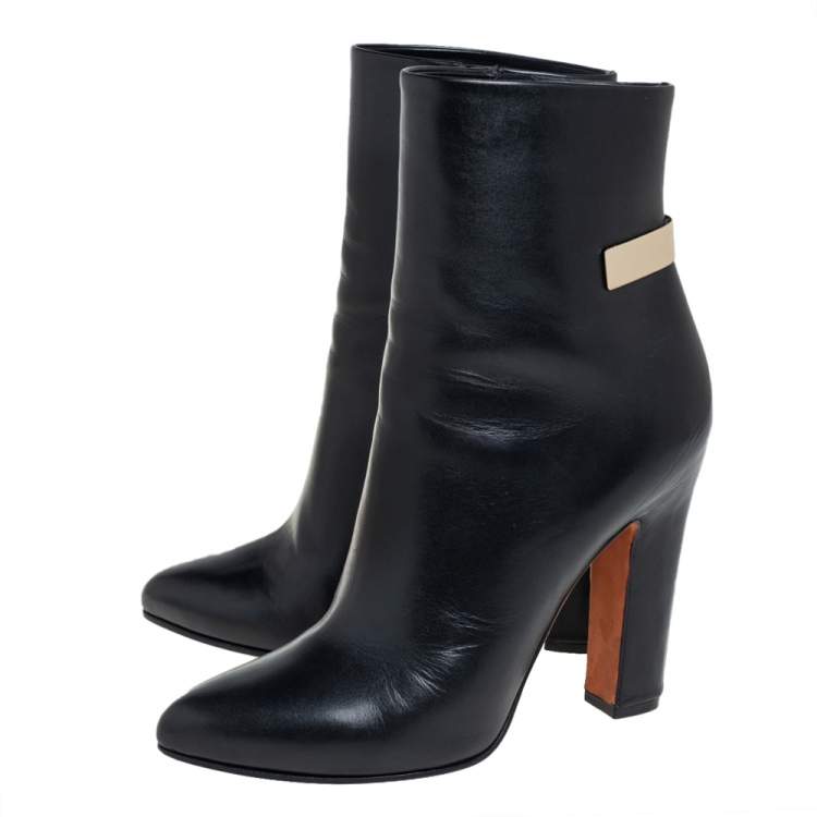 Pre Owned Givenchy Black Leather Gold Detailing Ankle Boots Size 39.5