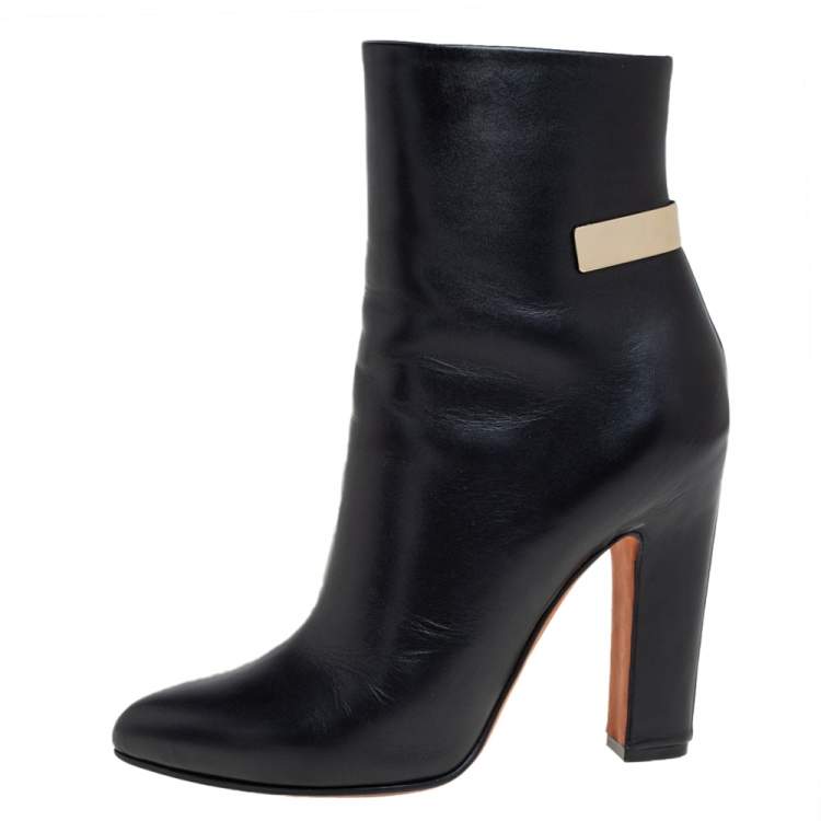 Pre Owned Givenchy Black Leather Gold Detailing Ankle Boots Size 39.5
