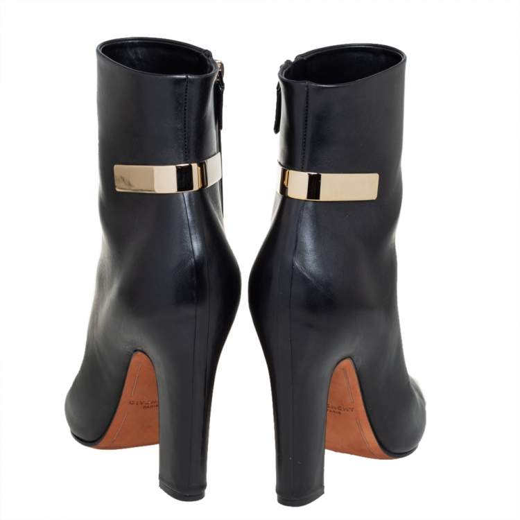 Pre Owned Givenchy Black Leather Gold Detailing Ankle Boots Size 39.5